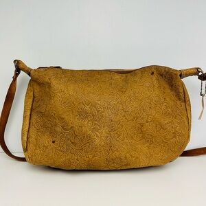 Floral Embossed Tan Leather Crossbody Bag